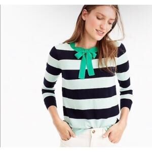 J.Crew Striped Merino Wool Bow Sweater Mint Navy Green Small Preppy Classic Chic
